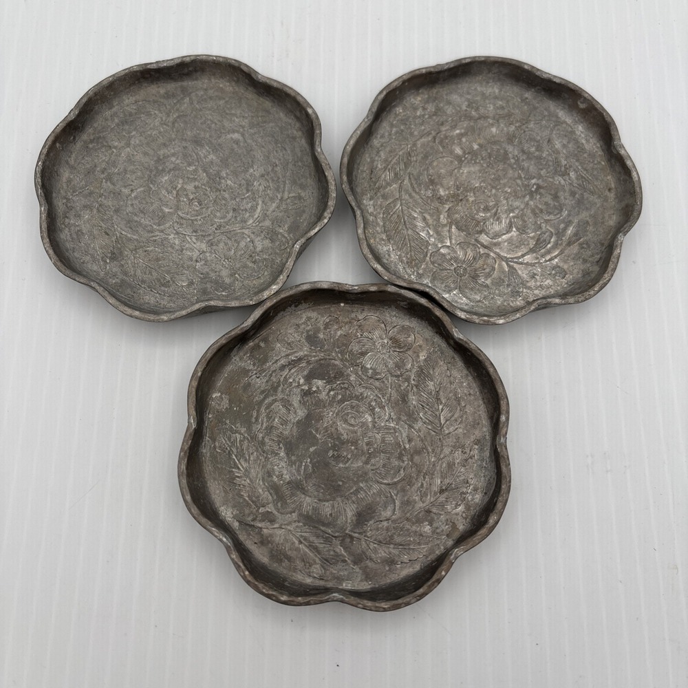 Set of 3 VTG Hand Forged Floral Pattern Metal Aluminum Coasters